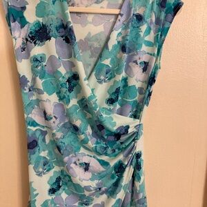 Ann Taylor Blue and Green Floral Faux Wrap Top, like new